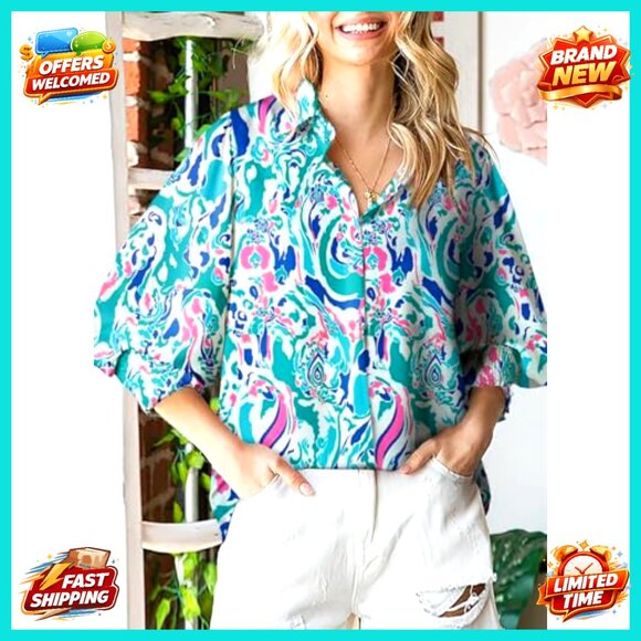 Loose V-Neck Blouse Lantern Sleeve Boho Chic Oversized Top Paisley Print - Picture 2 of 7